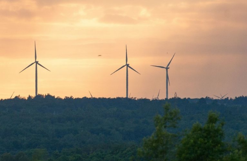 Windmills over the horizon at sundown.