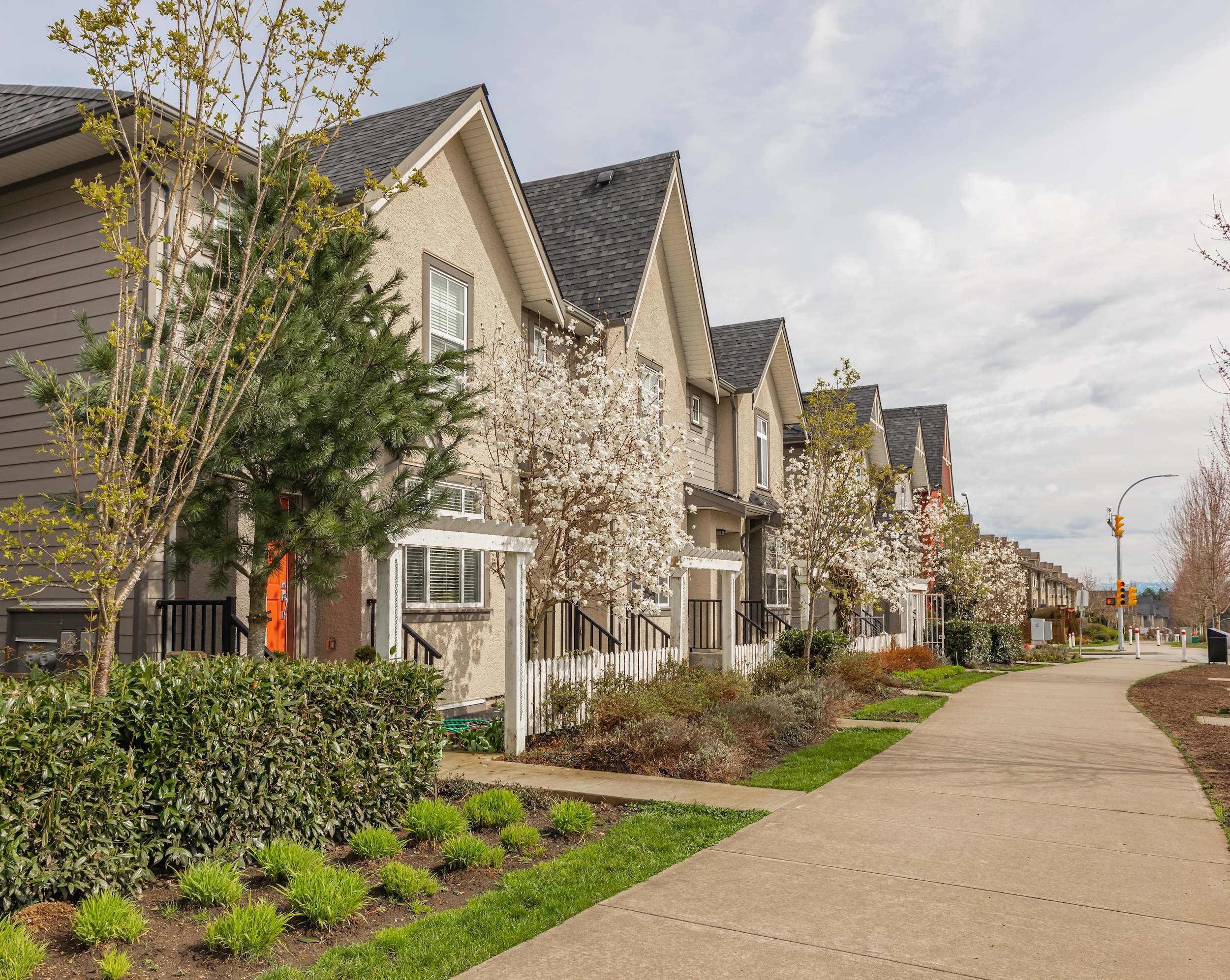 Close-up view of townhouses on a street