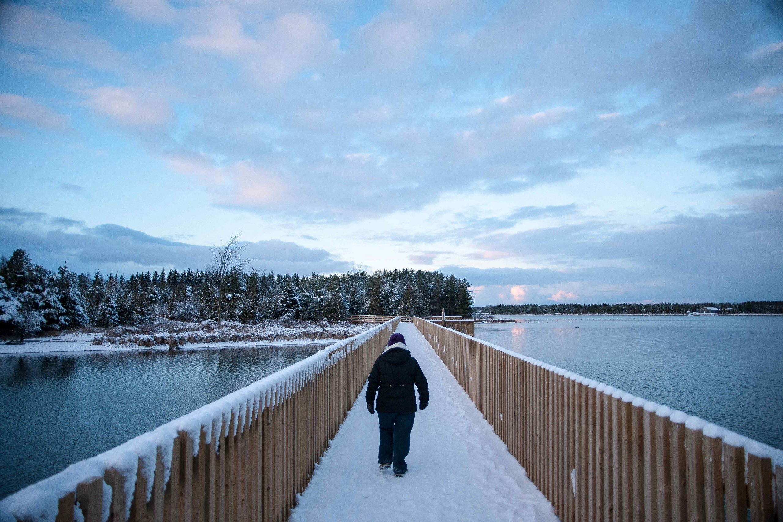 A person walks along a snowy boardwalk in Dufferin County.